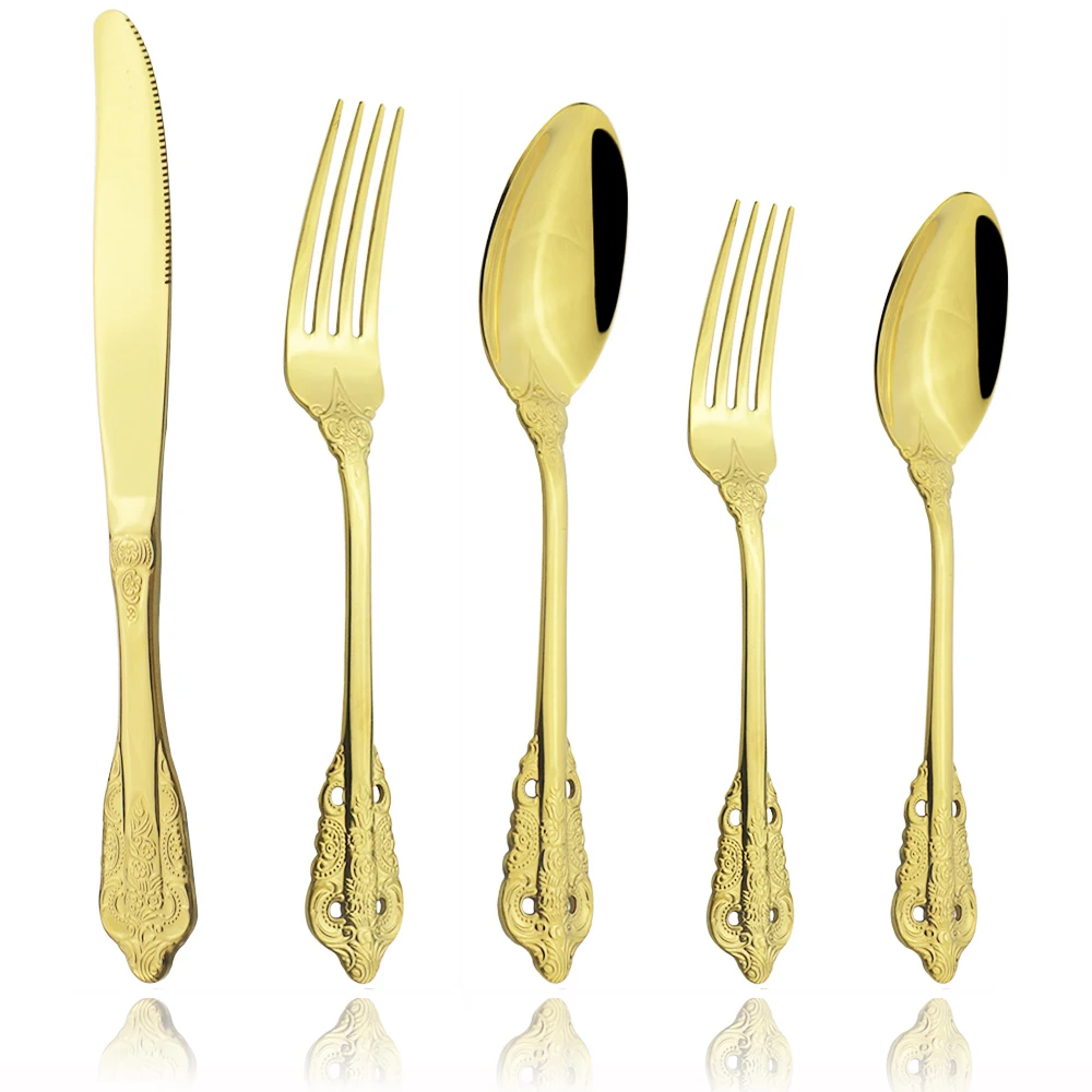 

Vintage Western Gold Plated Cutlery Tableware Set 5pcs Dining Dessert Knife Forks Spoons Golden Luxury Dinnerware Sets Engraving