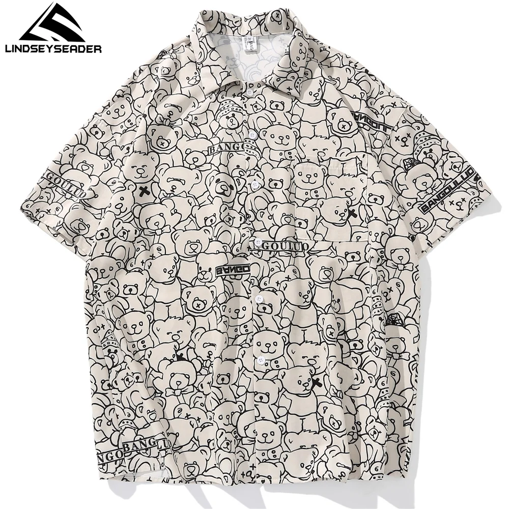 

2021 Men's Casual Shirts Streetwear Many Bears Print Harajuku Summer Short Sleeve Oversize Style Polyester Shirts for Men