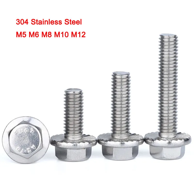 

1-10Pcs 304 Stainless Steel Flange Bolt With Thicken Tooth Anti-slip Screw Hexagon Head Flange Bolts Series M5 M6 M8 M10 M12