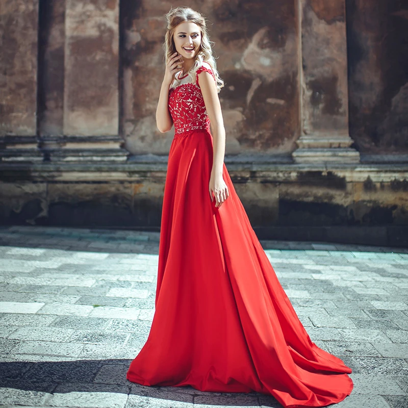 

Elegant Long-style Spring 2021 Red Evening Dress Illusion Neck A Line Lace Satin Prom Party Dresses Custom Made
