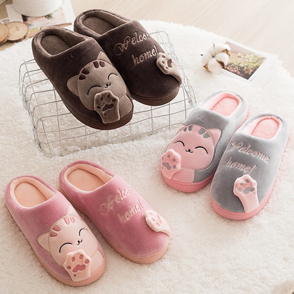 

Home cotton slippers indoor winter bag with couple cute cartoon kitten ladies plus velvet non-slip soft bottom cotton slippers