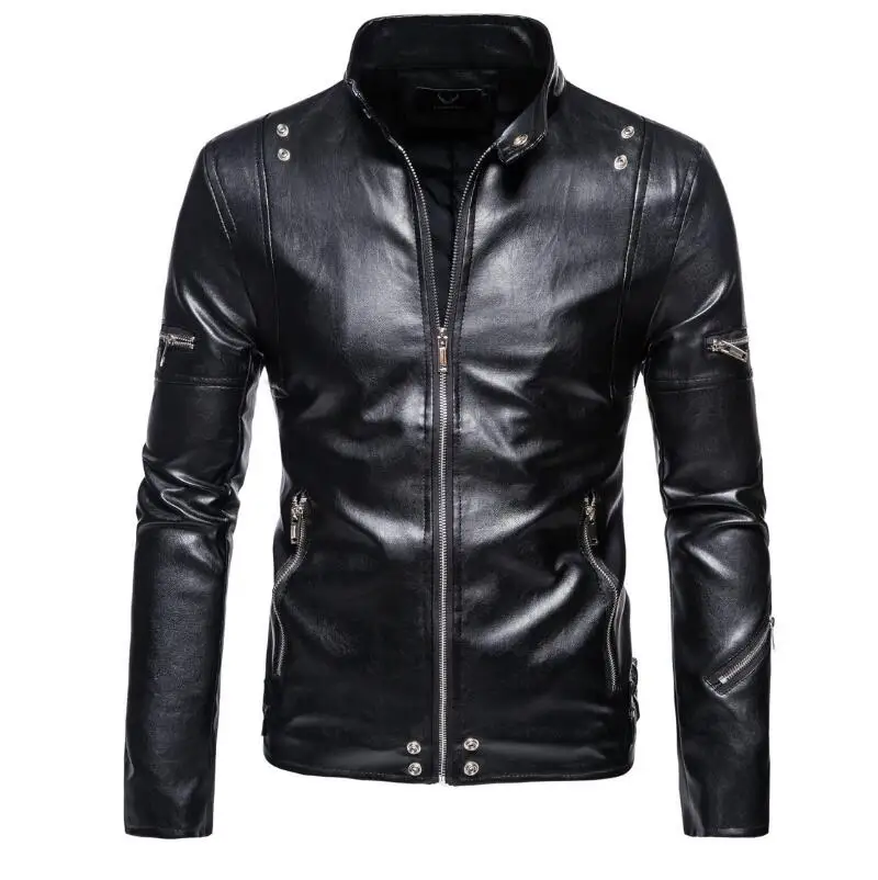 

HOT/ Autumn Men's Fashion personality Large size Stand-up collar leisure motorcycle PU fashion jacket / M-5XL
