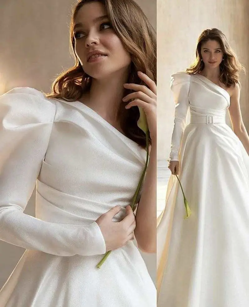

FANWEIMEI#9056 One Shoulder Satin Elegant Long Sleeve Puffy Bridal Dress Wedding Gown