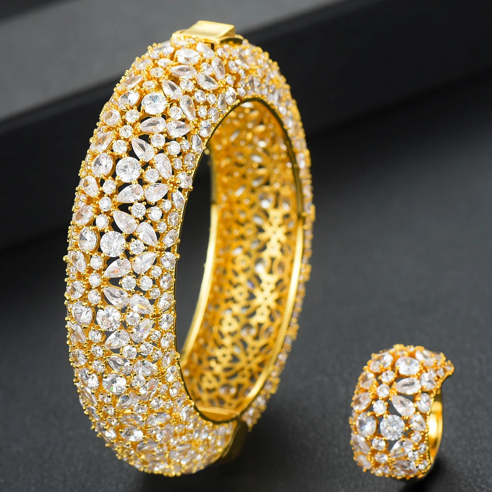 

Blachette Luxury Nigerian Dubai Big Bangle Ring Jewelry Sets For Women Full Crystal Wedding Bridal Jewelry Sets Super Design