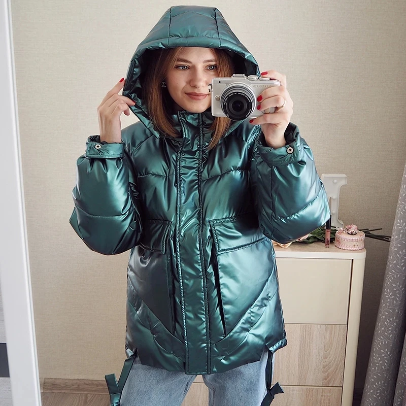 Winter women short parkas jackets casual female thicken warm hooded jackets coat windprood shiny big pocket jackets