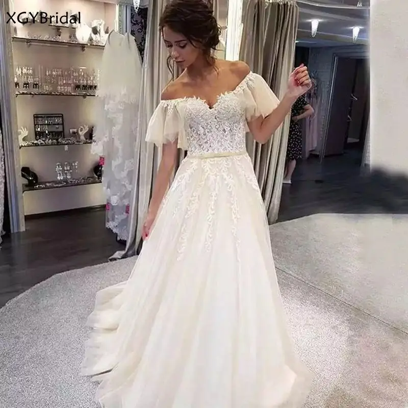 

New Elegant Off the Shoulder Bridal Dresses Tulle Wedding Dresses Short Sleeve Lace Appliques vestidos de novia Boho