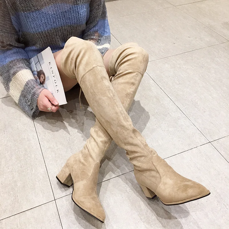 

velvet long stovepipe over-the-knee women riding boots thick heel flock pointed toe warm winter booties