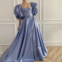 uzn blue long prom dress sweetheart puff pleated short sleeves satin celebrate dress elegant a line lace up arab evening dress