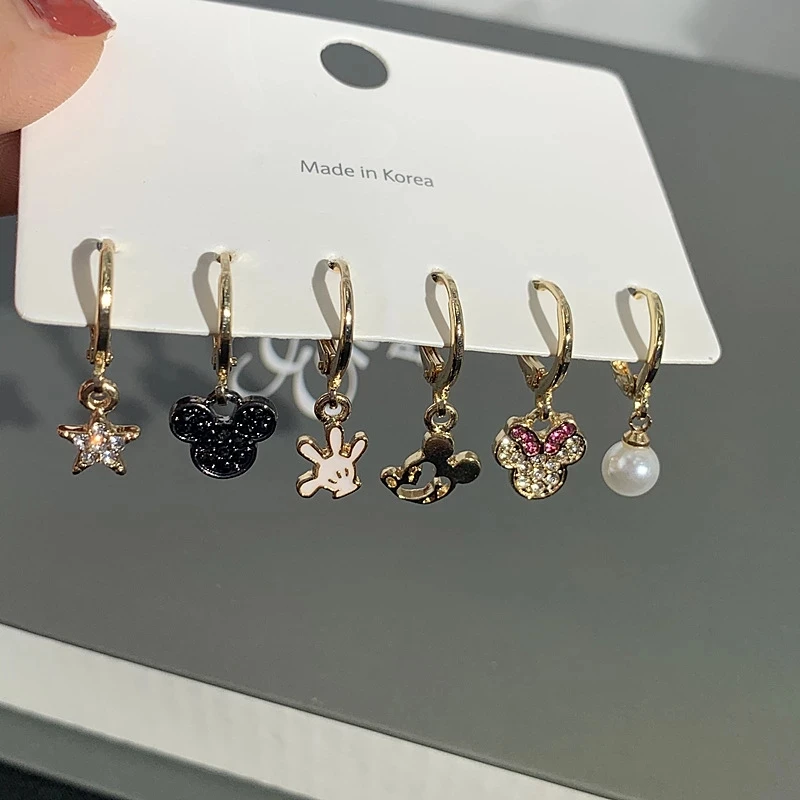 

6Pcs/set S925 Needle Cute Mickey Minnie Earrings Jewelry Bowknot Pearl Star Pendant Earrings For Women Girls Birthday Surprise