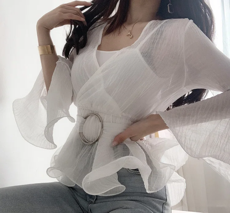 

Celmia Women Chiffon Slim Blouses Elegant Office Tunic Shirt Sexy V Neck Ruffles Belted Fashion Tops Sashes Blusas Femininas