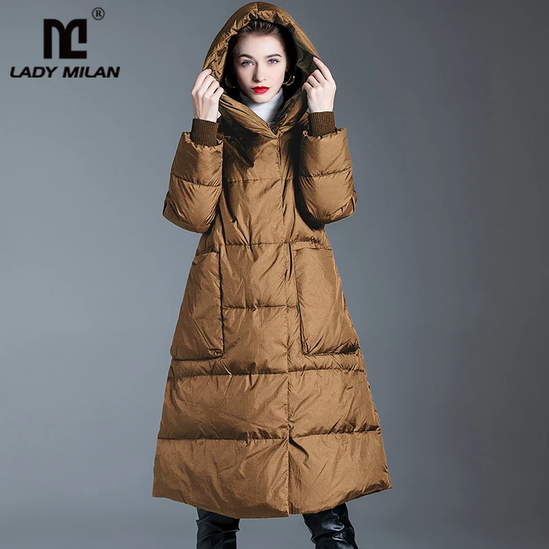 

Women's Runway Down Coats Hooded Collar Long Sleeves White Duck Downs Fashion Winter Overcoat Outerwear Thick Parkas