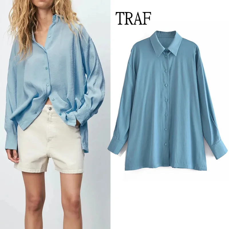 

TRAF Top Women 2021 Blue Women's Shirt Loose Long Sleeve Women's Oversize Shirt Summer Vintage Top Female White Shirt Blouse