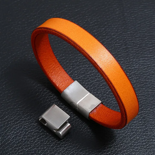 

Punk Men Jewelry Brown Genuine Leather Bracelet Stainless Steel Magnetic Clasp Fashion Bangle Wristbands Chain Adjustable 22.5cm