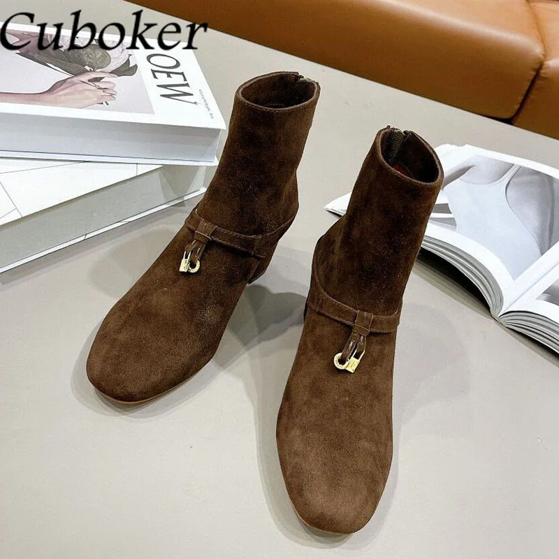 

New Designer Suede Tassel Boots Women Shoes Zip Metal Lock Chuky Heels Women Botas Casual Chelsea Boots Femininos Shoes Winter