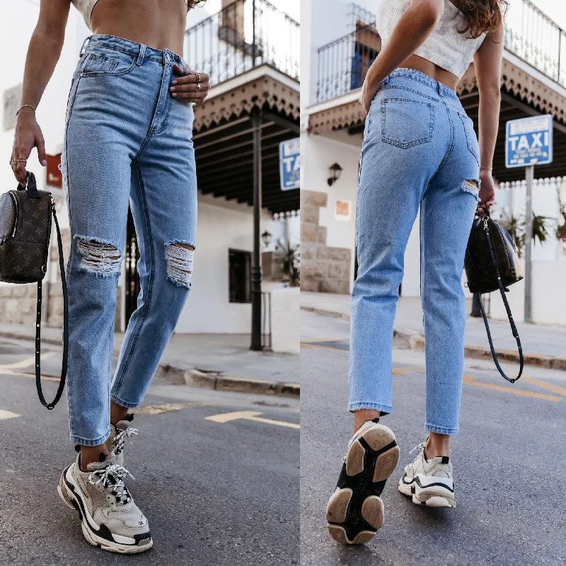 

New Brand New Womens Juniors Ripped Mid Waist Long Pants Jeans Butt Lift Slim Denim Pants With Ripped Holes 2021 Casual Fashion