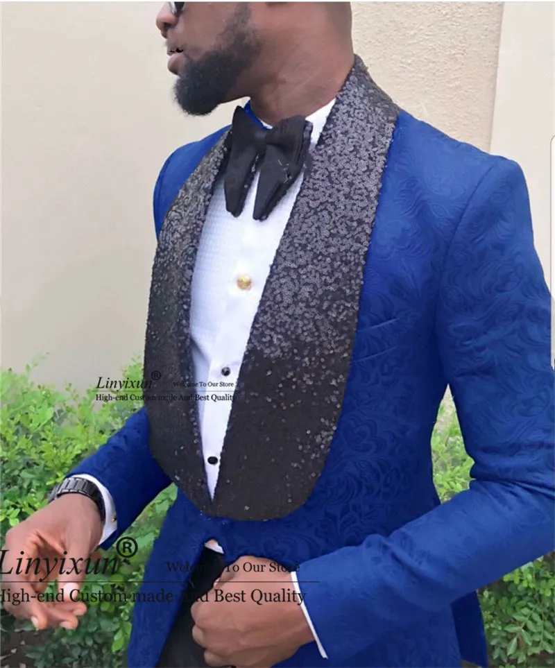 

2020 Side Vent Groomsmen Tuxedos Purple Groom Tuxedos Shawl Sequin Lapel Men Suits Wedding Best Man Blazer (Jacket+Pants)
