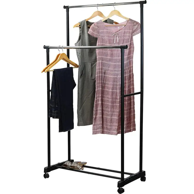 

Hanger Support Simple Stretching Clothes Movable Assembled Coat Drying Rack Stand Shoe Shelf Adjustable Clothing Double rod