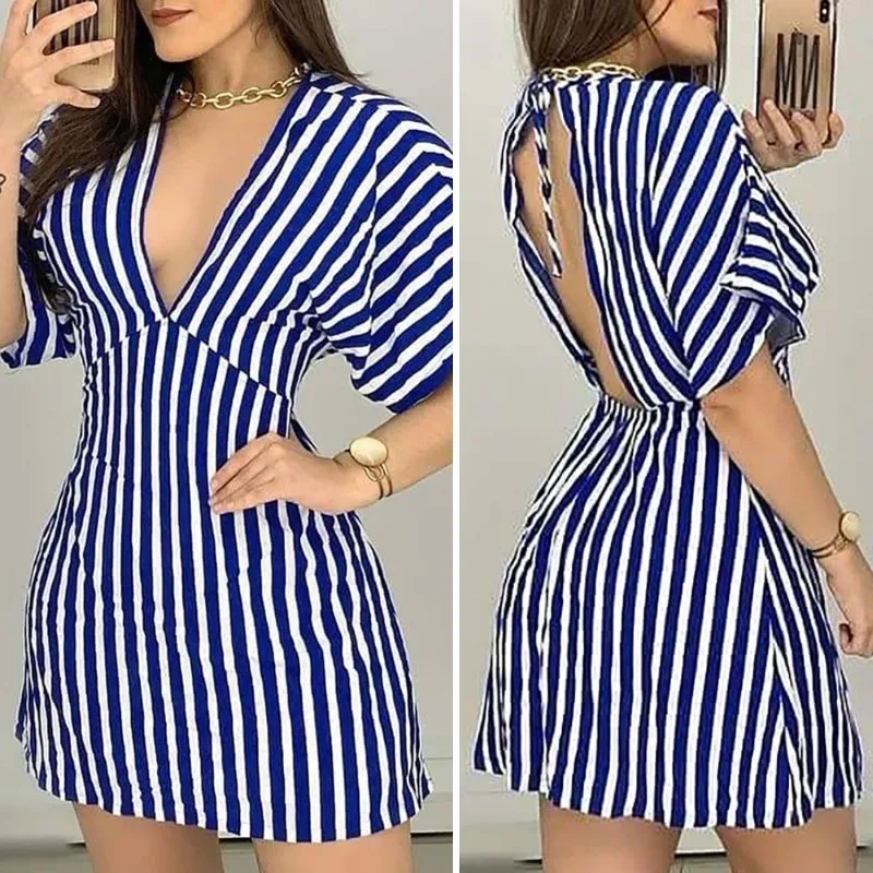 

Sexy V Neck Plunge Short Sleeve Striped Colorblock Casual Mini Woman Summer FashionHigh Waist Daily Wear Dress