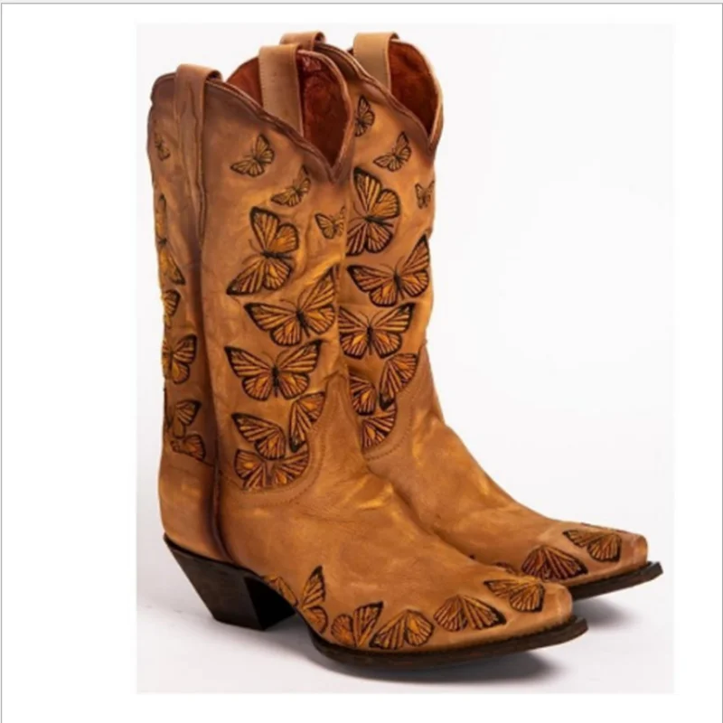 

2021 Ladies Embroidered Cowboy Boots Western Boots Women's Retro Knee High Boots Handmade Leather Cowboy Boots Large Size 35-43