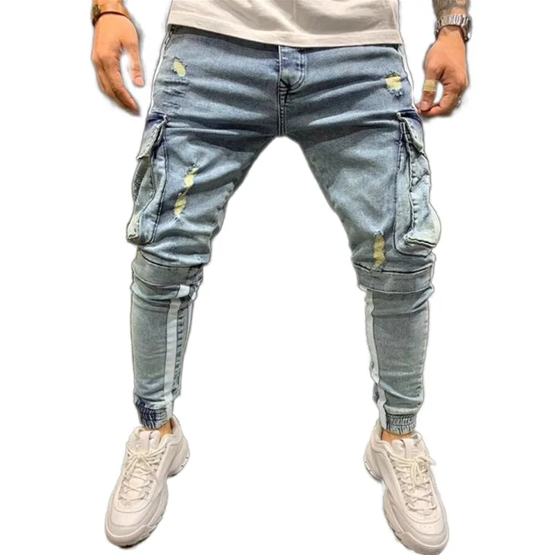 

Mens striped Safari Style Brand Black Jeans Skinny Ripped Destroyed Stretch Slim multi-pocket Pants With Holes Men Jeans