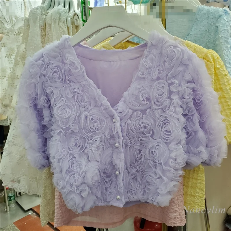 

Three-Dimensional Rose Flower Blouse Women Korean Style Summer Top Temperament Lace Mesh Shirt All-Match Cropped Blusas Femme