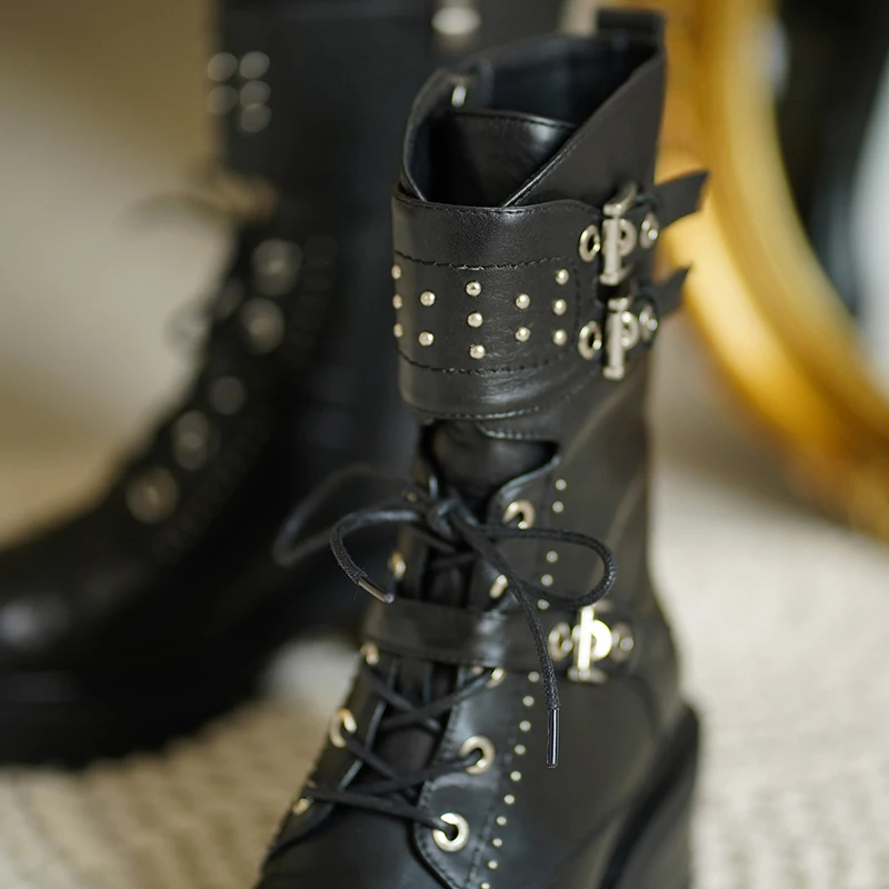 

GXCMHBWJ Punk Goth Buckle Strap Rivet Platform Women Ankel Boots Genuine Leather Round Toe Lace Up Chunky Heel Motorcycle Boots