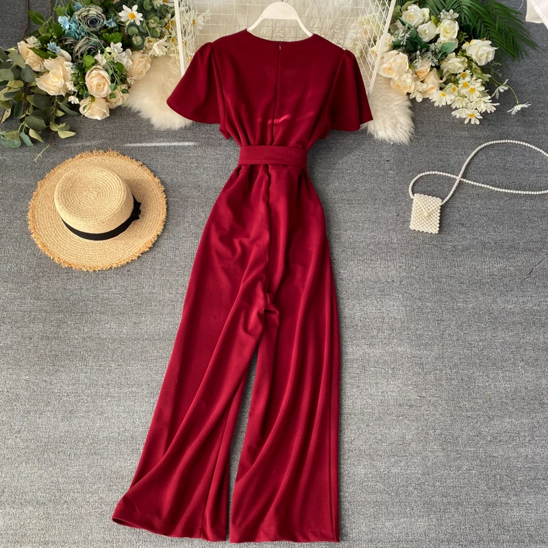 Женский офисный комбинезон однотонный Облегающий с V-образным вырезом длинный