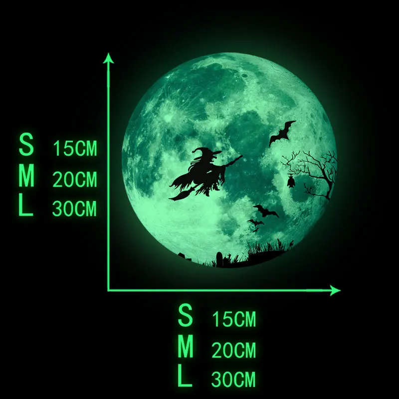 

Glow In The Dark Moon Stickers for Kids Room Halloween Luminous Broom Witch Wall Decals Bedroom Ceiling Decor Adesivo De Parede