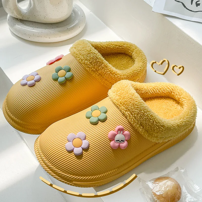 Cute Rabbit Winter Women Cotton Slippers Waterproof Warm Plush Non Slip  Home Slides Men Thick Sole Soft Indoor Couples Shoes