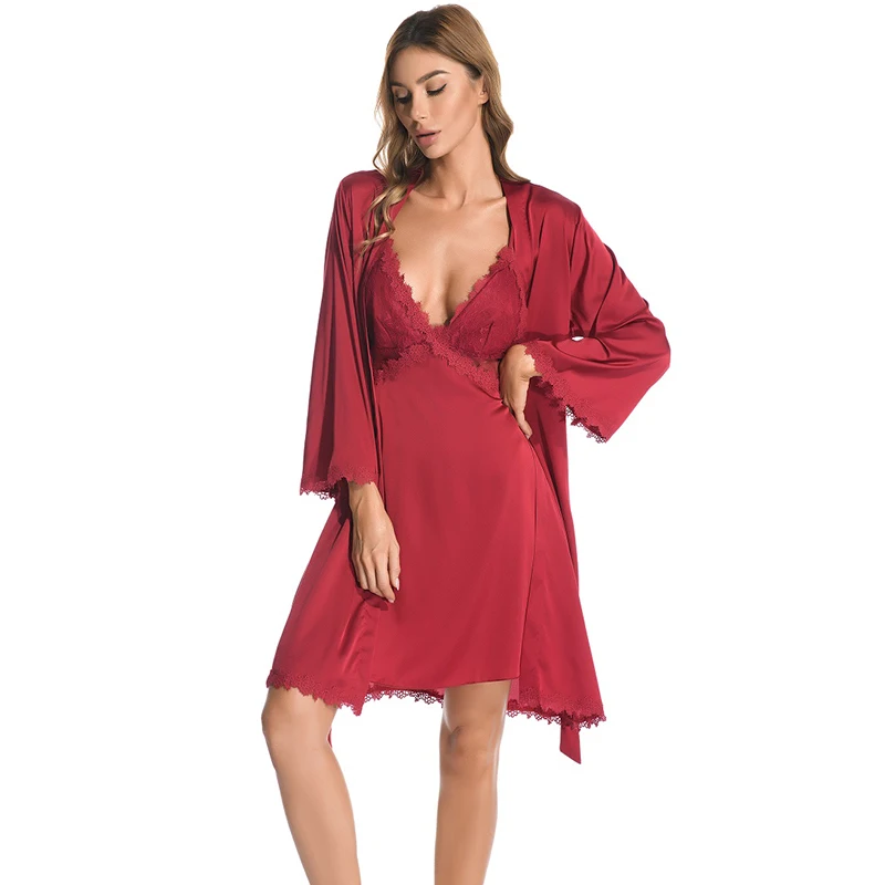 New High-End Women's Simulation Silk Sling Nightdress Lace Soft Ladies Ice Silk Nightgown Bathrobe Home Service 2-Piece Suit