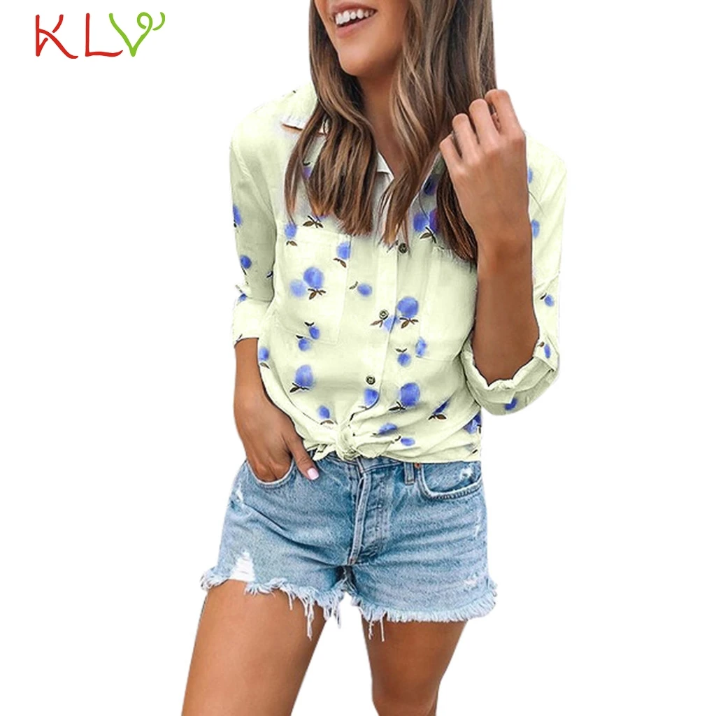 Женские блузки с фруктовым принтом Элегантные корейские рубашки карманами и