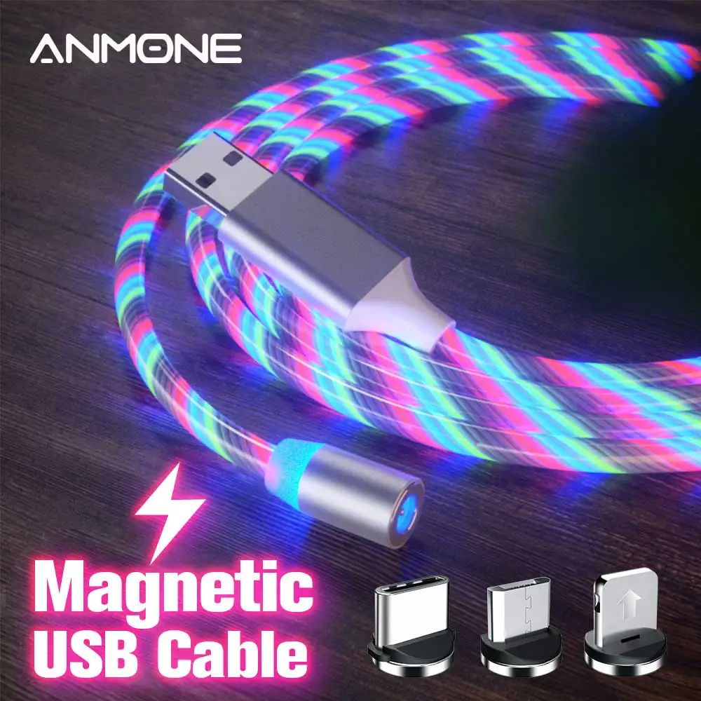 Магнитный кабель anmon зарядный Micro USB Type C светящийся светодиодный для зарядки шнур