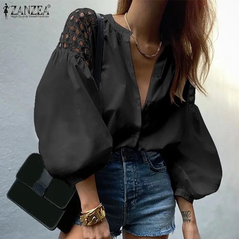 

Summer Women Vintage Blouse 2021 Office Lady Puff Sleeve Button Up Top ZANZEA Casual Solid Patchwork Hollow Out Oversized Blusa