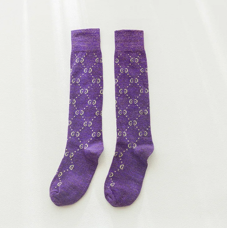 PURPLE KNEE HIGH G Зимние женские чулки с перекрестными коленями, модные женские чулки с золотыми буквами, дамский чулок с высоким голенищем - Цвет: PURPLE KNEE HIGH G