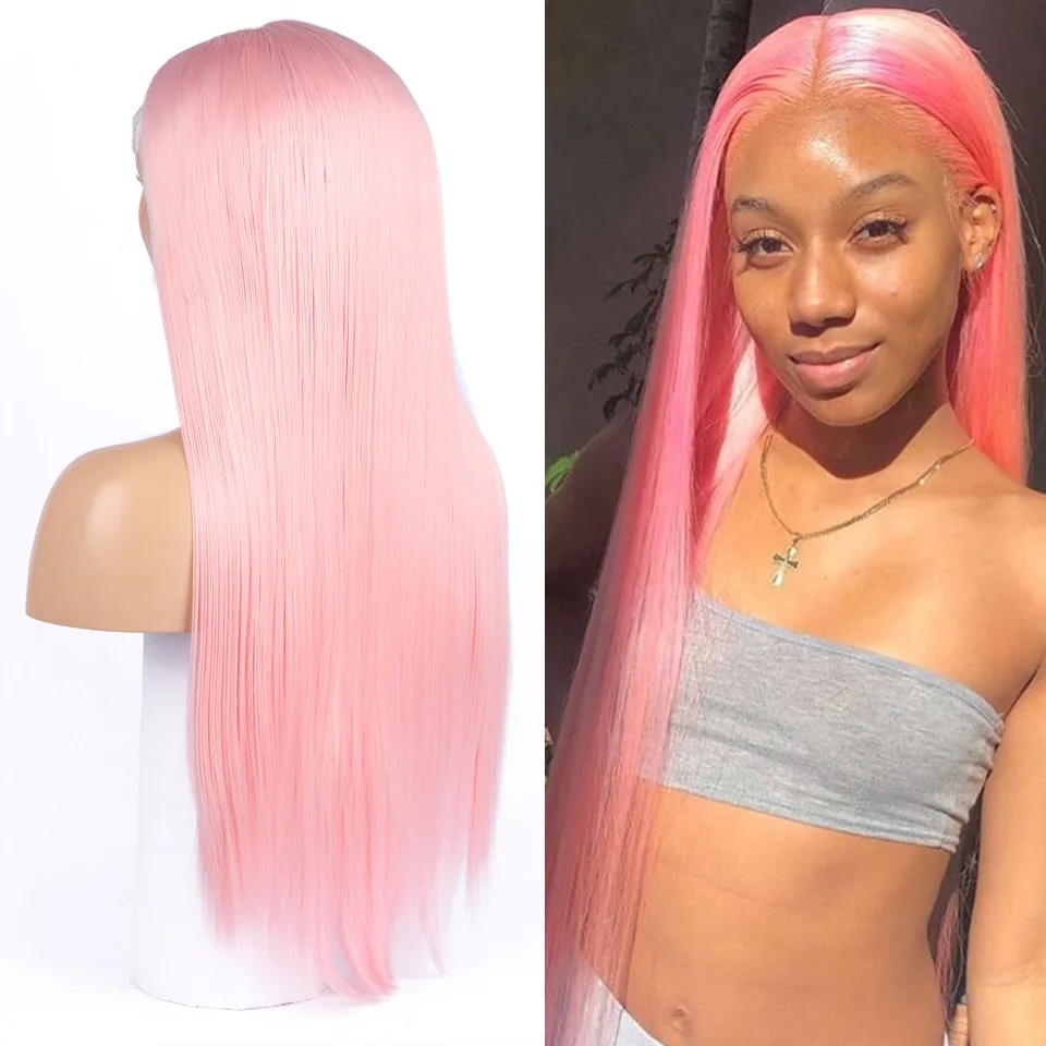 

Pink Glueless 26inch Long Silky Straight Synthetic Front Lace Wig For Women Babyhair Preplucked Cosplay Preplucked Heat Resistan