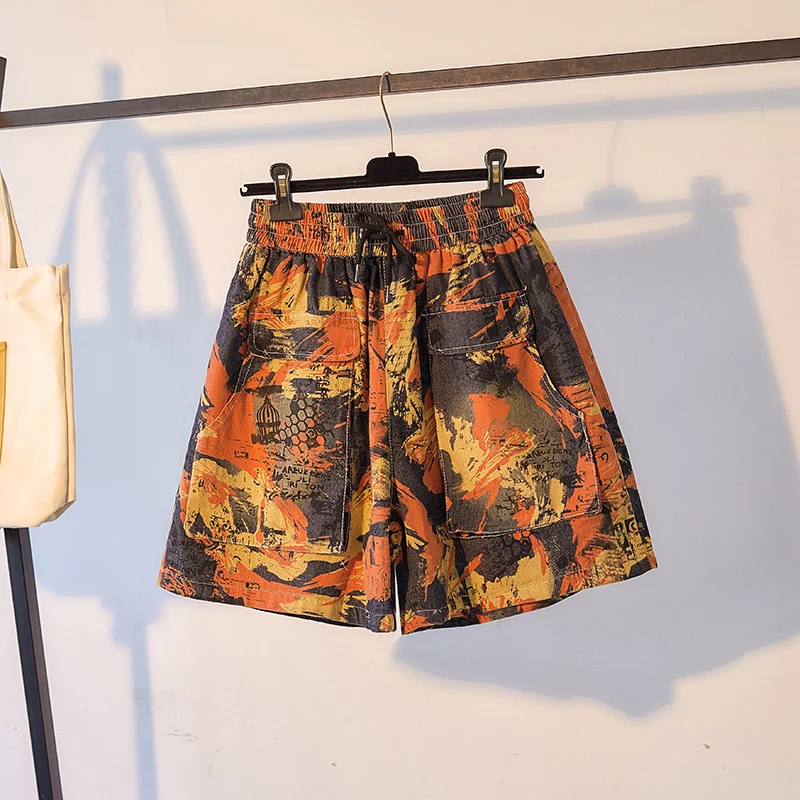 

Джинсовые шорты женские с широкими штанинами, повседневные универсальные свободные короткие брюки из денима с винтажным принтом, с большим...