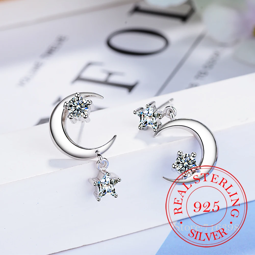 

Hot New Asymmetry 925 Sterling Silver Shiny Star Moon Tassel Micro Inlay Earrings Simple Temperament Niche Design High Quality