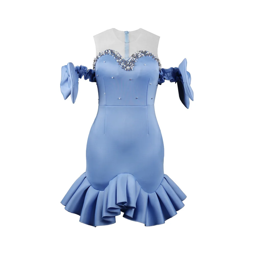 

Women Party Dress Ruffles Mesh Patchwork Bead Sexy with Bowtie Lovely Christmas Event Elastic Bodycon Backless Celebrate Vestido