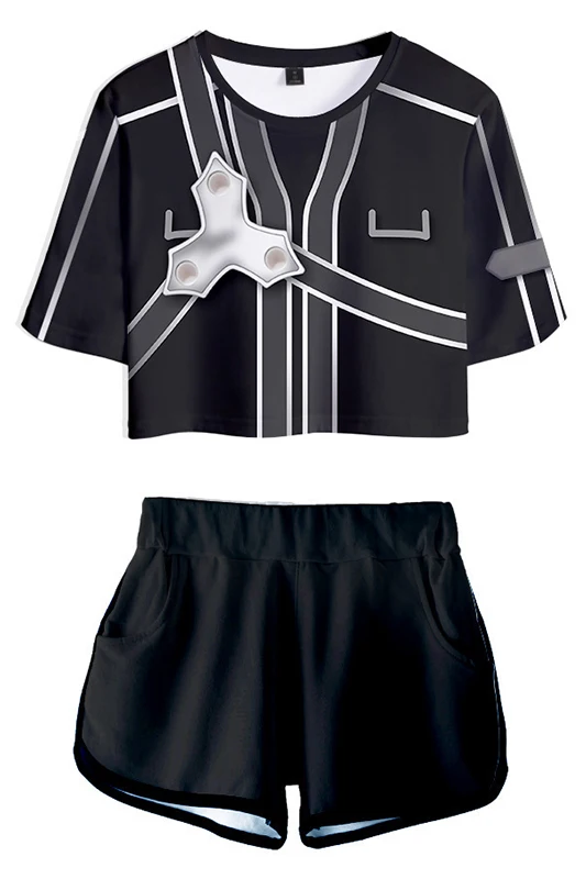 

Sword Art Online Cosplay SAO Kirigaya Kazuto Costume Exposed Navel shirt Shorts two-piece sets Women Girl Summer Suit