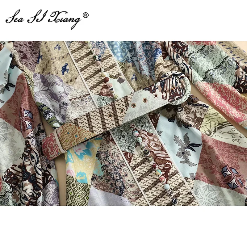 

Seasixiang Fashion Designer Autumn Dress Women's Lantern Sleeve Sashes Single-Breasted Vintage Print Stand collar Dresses