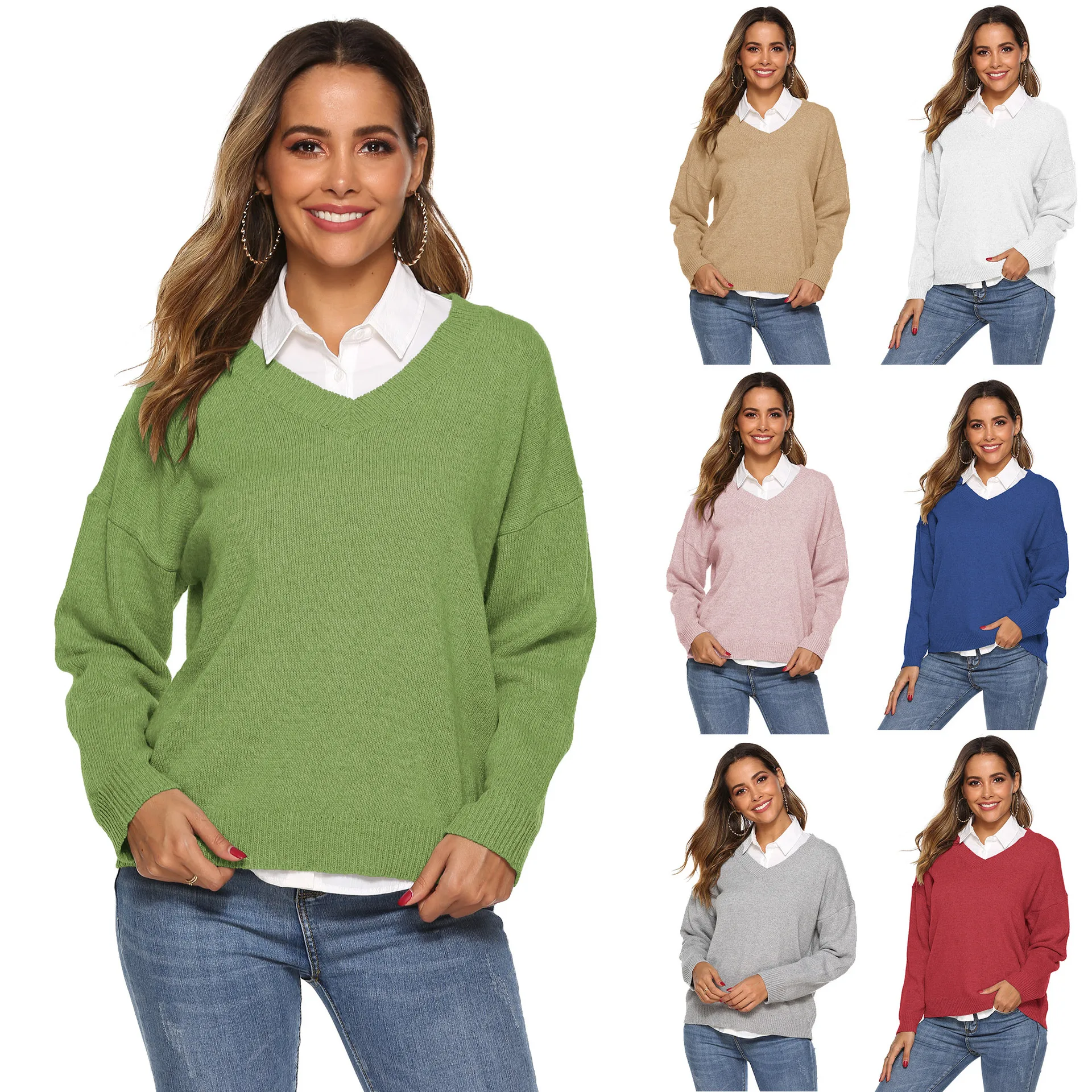 

Sweaters Women Autumn/winter Women's Solid Color Woven V Neck Loose Sweater for Women Sp172