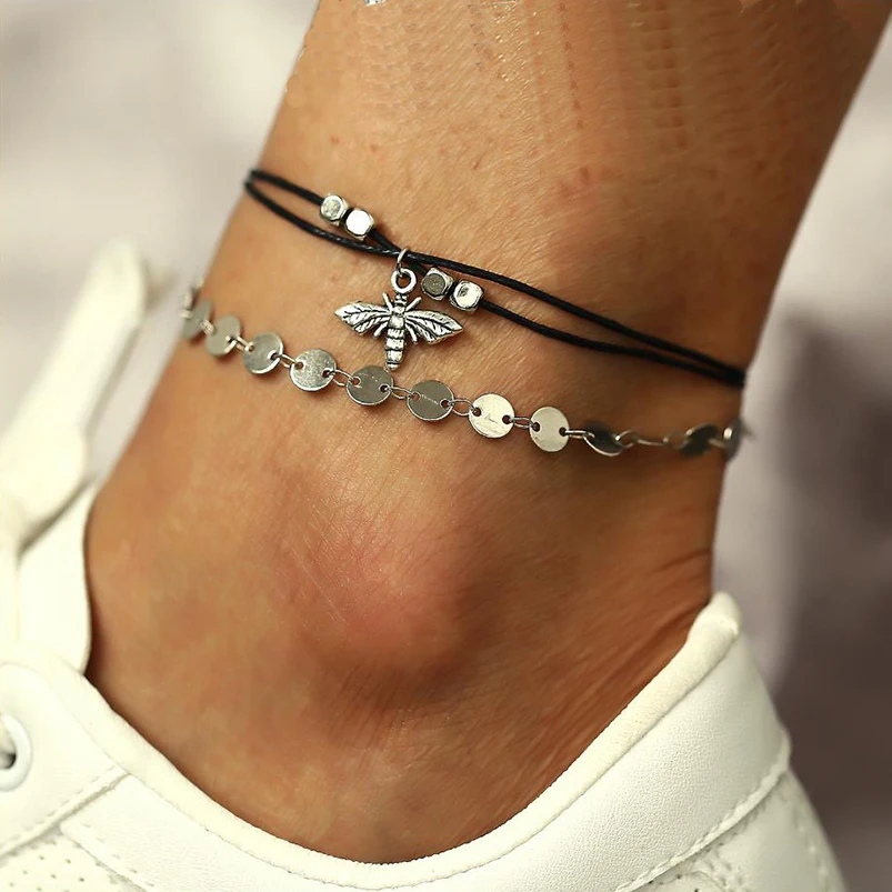 Браслет на ногу двухслойный с черной веревкой ювелирное украшение в виде