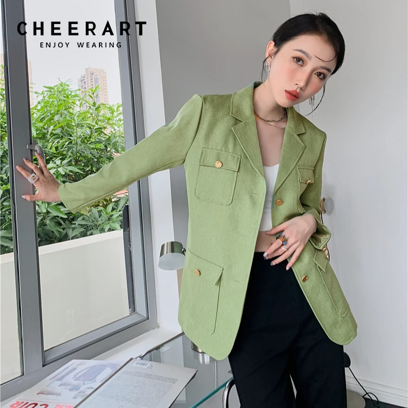 

CHEERART зеленый лайм пиджак и куртки для женщин 2021 осень Хаки корейская мода пальто карманы женские костюмы осень 2021 одежда