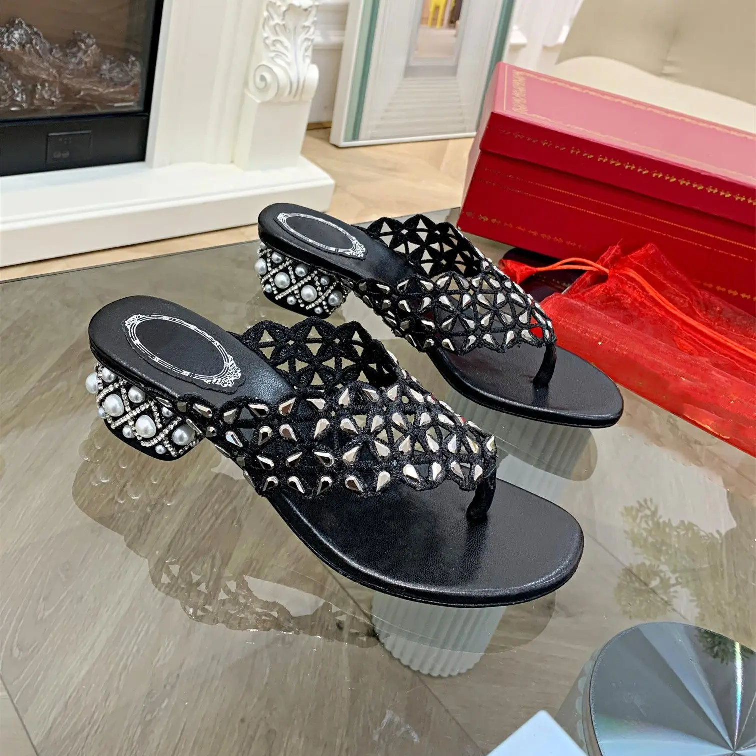 

Prowow Summer explosion Wome shoes ladies Crystal String Bead Slippers Ladies Genuine Leather square pearl heels Slides Shoes