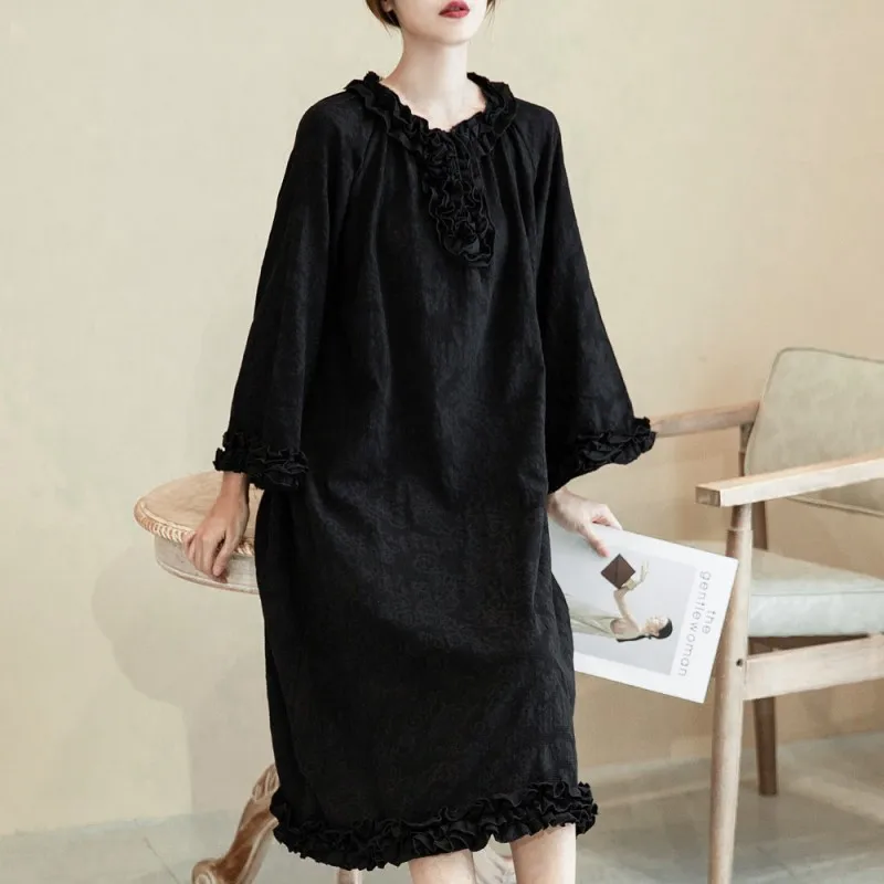 Новинка 2020 раннее осеннее свободное черное платье ручной работы в стиле ретро