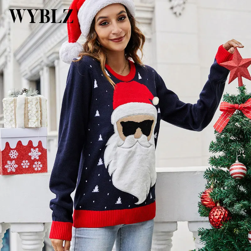 

WYBLZ Christmas Sweater Santa Clause Knitted Women's Sweater Long Sleeve Round Neck Pullover Top Female Xmas Party Clothing 2021