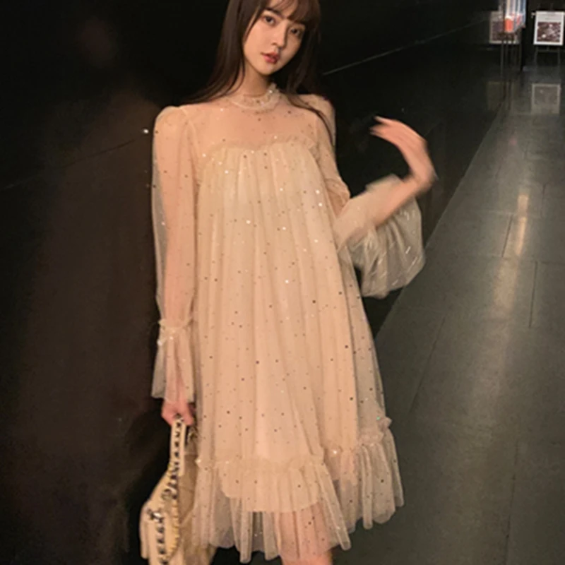 Женское летнее Сетчатое платье миди с длинным рукавом и оборками|Женские платья|