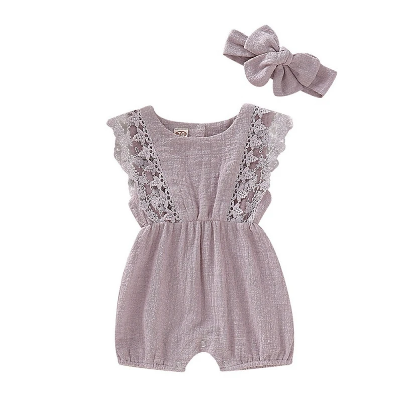 

Summer Newborn Girls Rompers Set Flare Sleeve Solid Print Lace Design Romper Jumpsuit With Headband One-Pieces