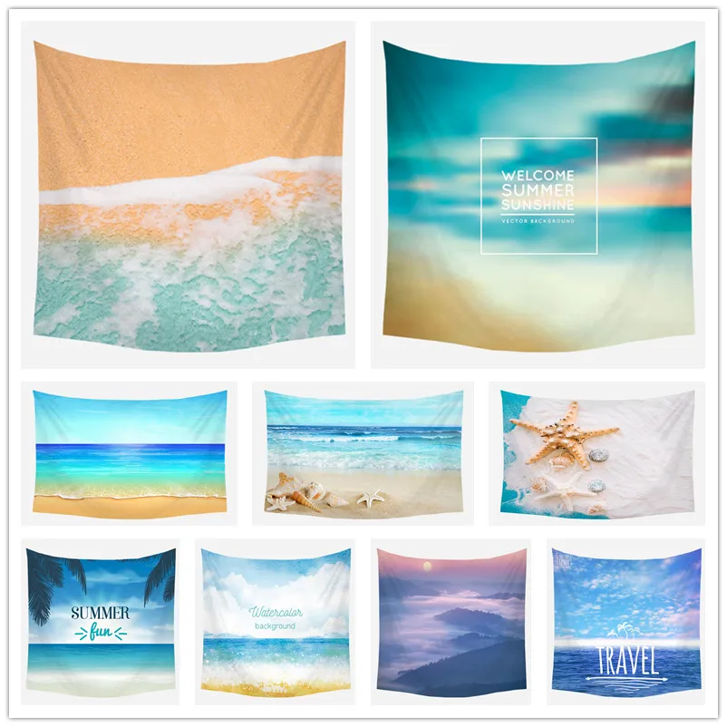 

Sun Sea Tapestry Ocean Beach Wall Hanging Water Landscape Beach Decoration Blue Cloud Blue Frothy Blanket Polyester Handmade