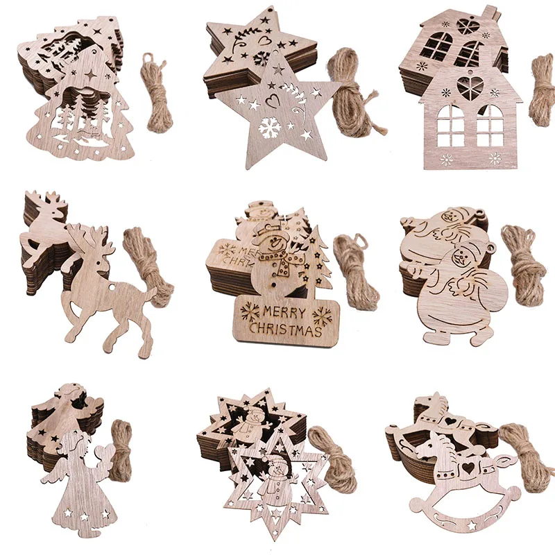 

10 шт./лот, Рождественское украшение, деревянные подвесные кулоны, звезда, новогодняя елка, колокольчик, рождественские украшения для дома ве...